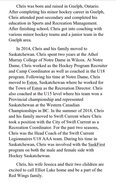 Biography of Chris Keleher - head coach Elliot Lake Red Wings